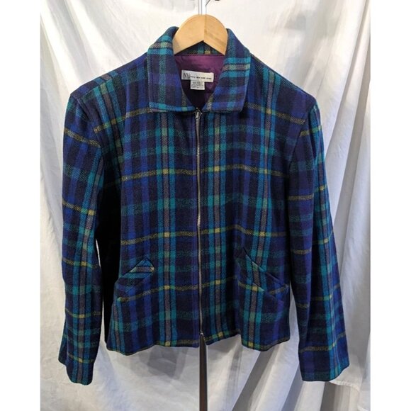 Vintage 80s/90s NEW YORK JEANS Blue Teal Plaid Wool Blend Jacket Zip Up Size S - Picture 1 of 8